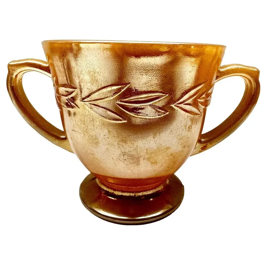 VTG Sugar Bowl Peach Lustre Laurel Leaf Anchor Hocking Fire-King Handles Cottage